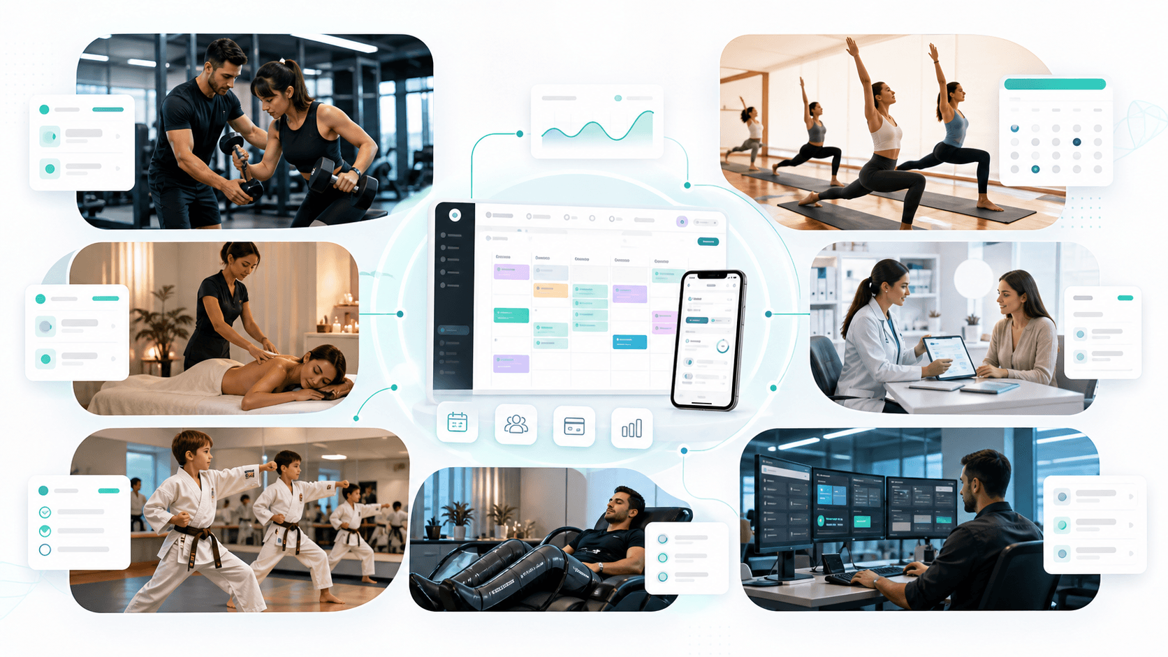 AI-generated montage showing HexaFit business types across gyms, studios, spas, clinics, recovery, and enterprise leadership