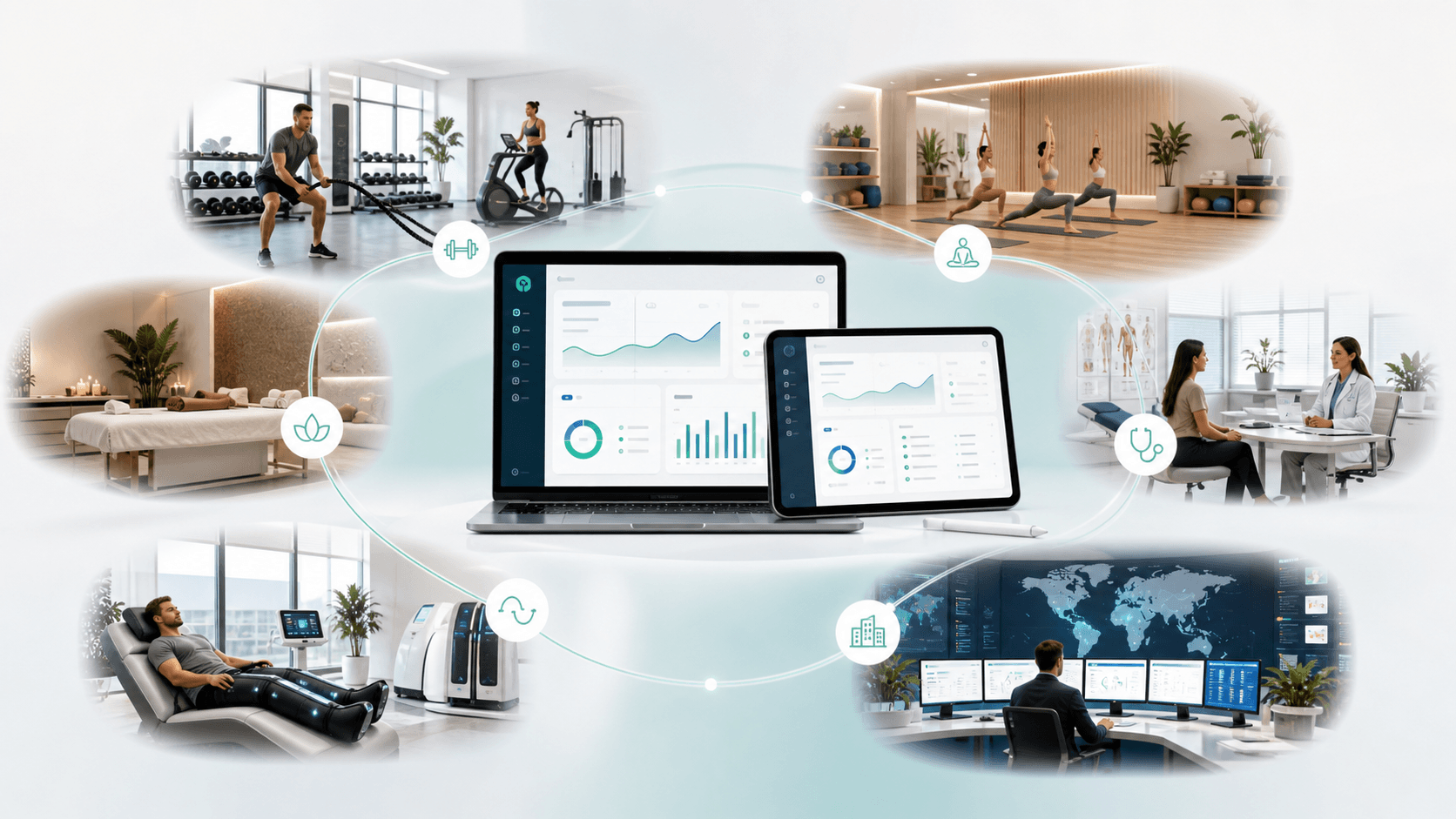 HexaFit platform across fitness, wellness, clinic, recovery, and enterprise workflows