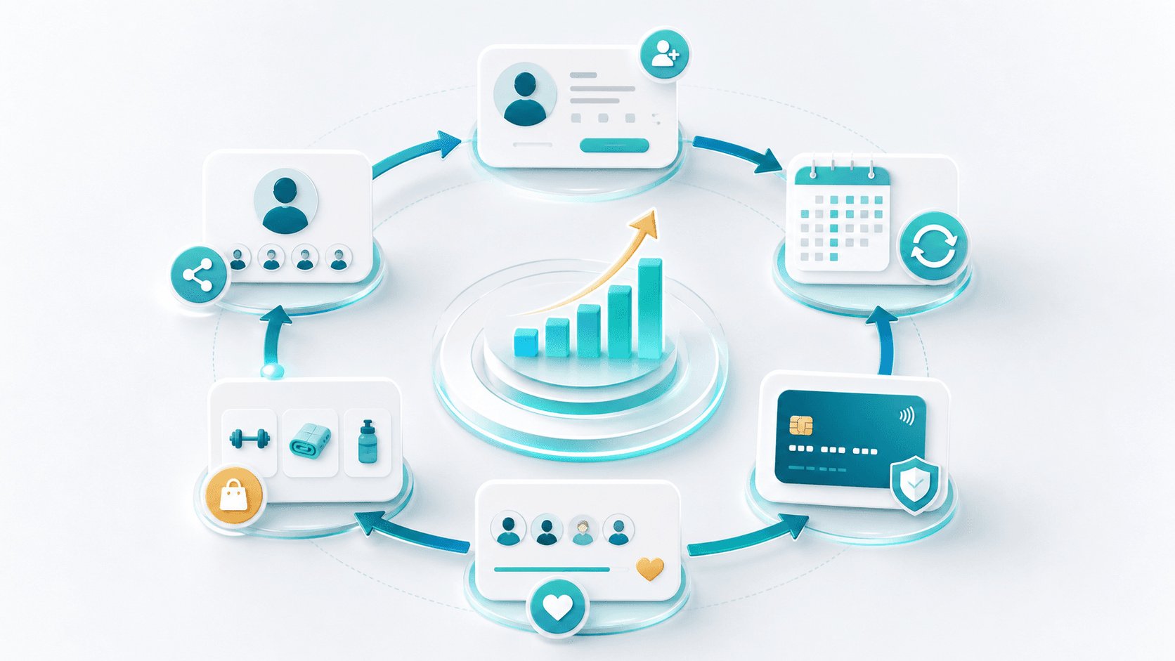 HexaFit recurring revenue flywheel showing acquire, onboard, engage, retain, and grow