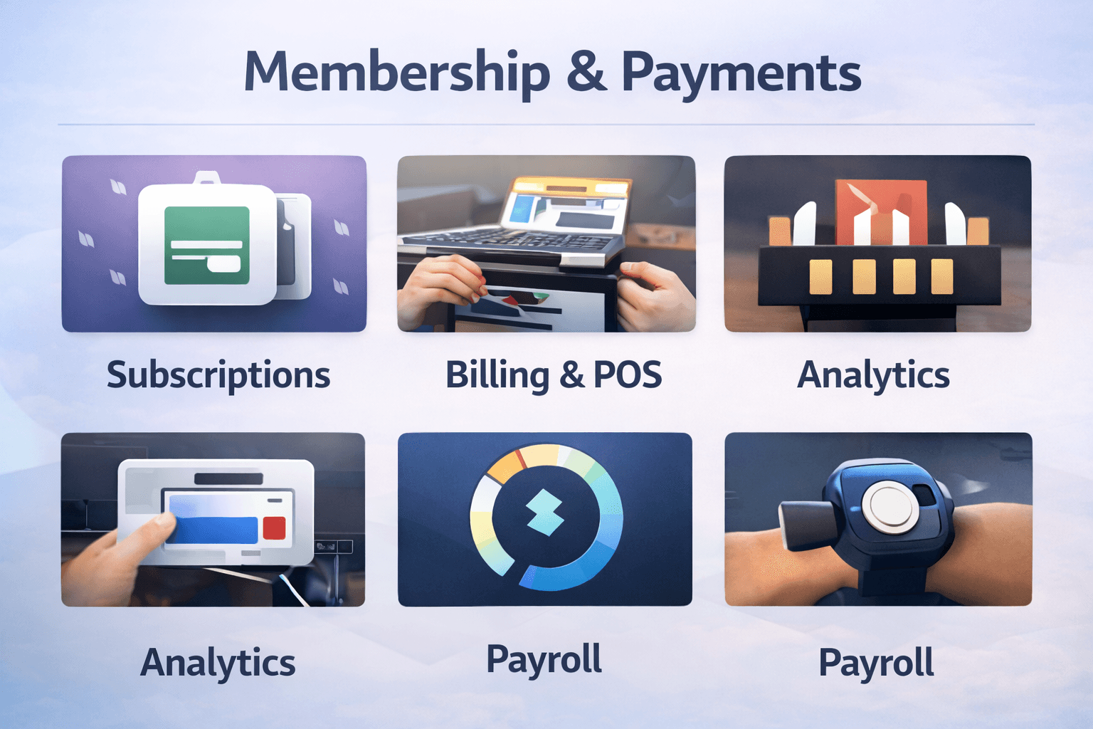 HexaFit memberships and payments showing subscriptions, POS, analytics, and payroll
