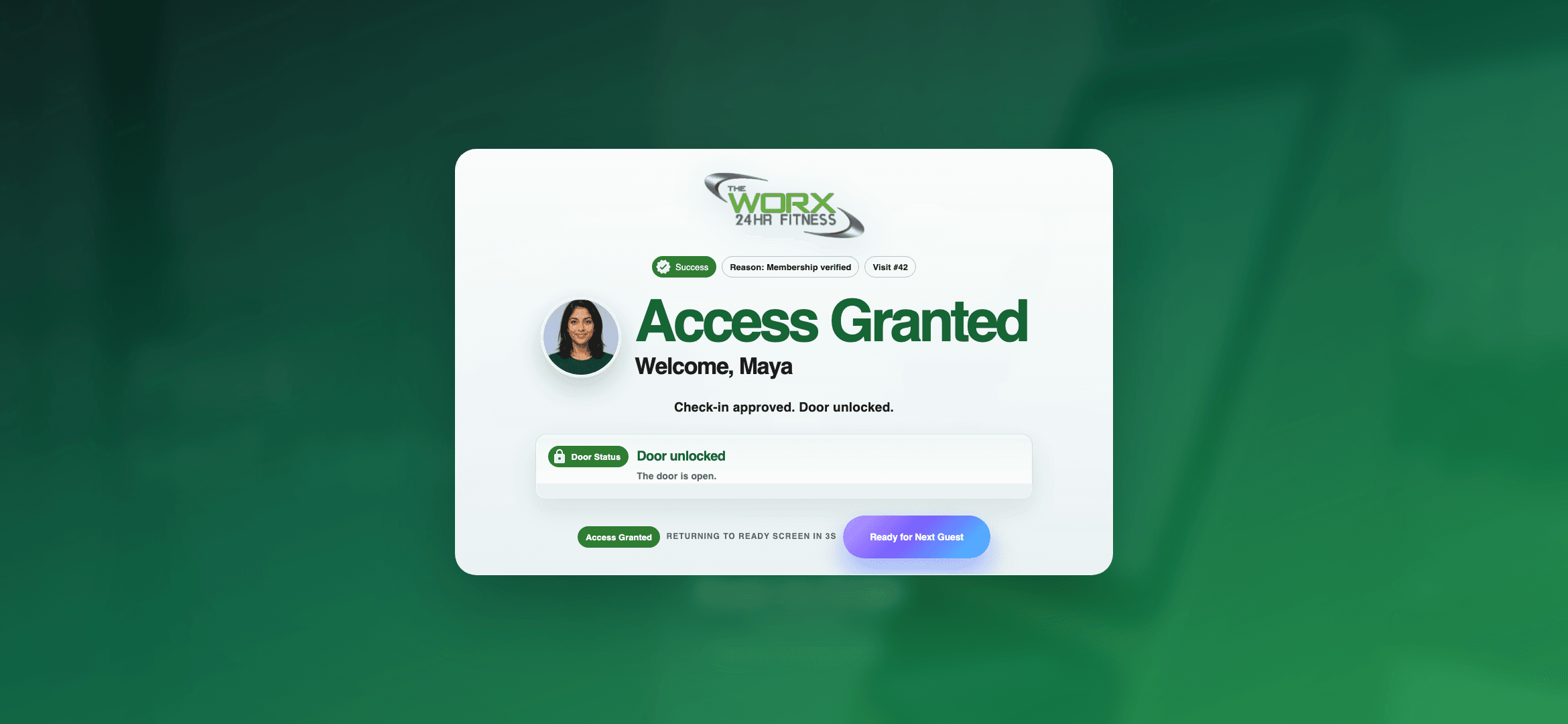Real HexaFit access-granted member kiosk workflow