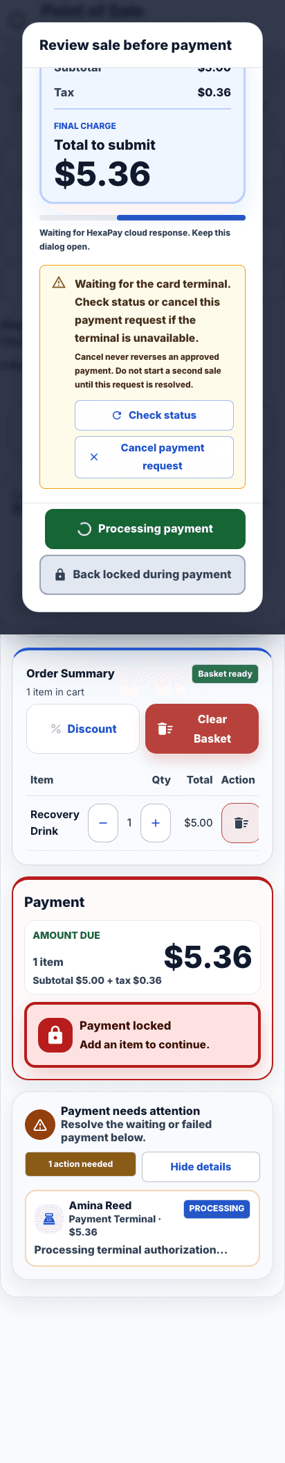 Real HexaFit point-of-sale terminal recovery workflow